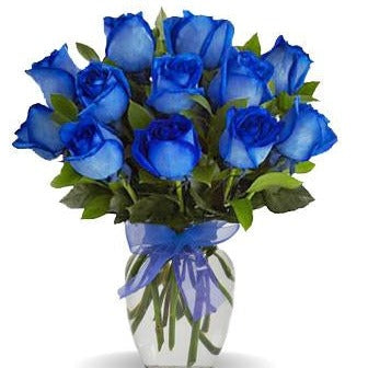 Valentine Blue Rose Arrangement (1 dozen blue roses in vase)