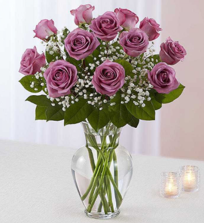 Valentine One Dozen Roses In Vase With Baby's Breath