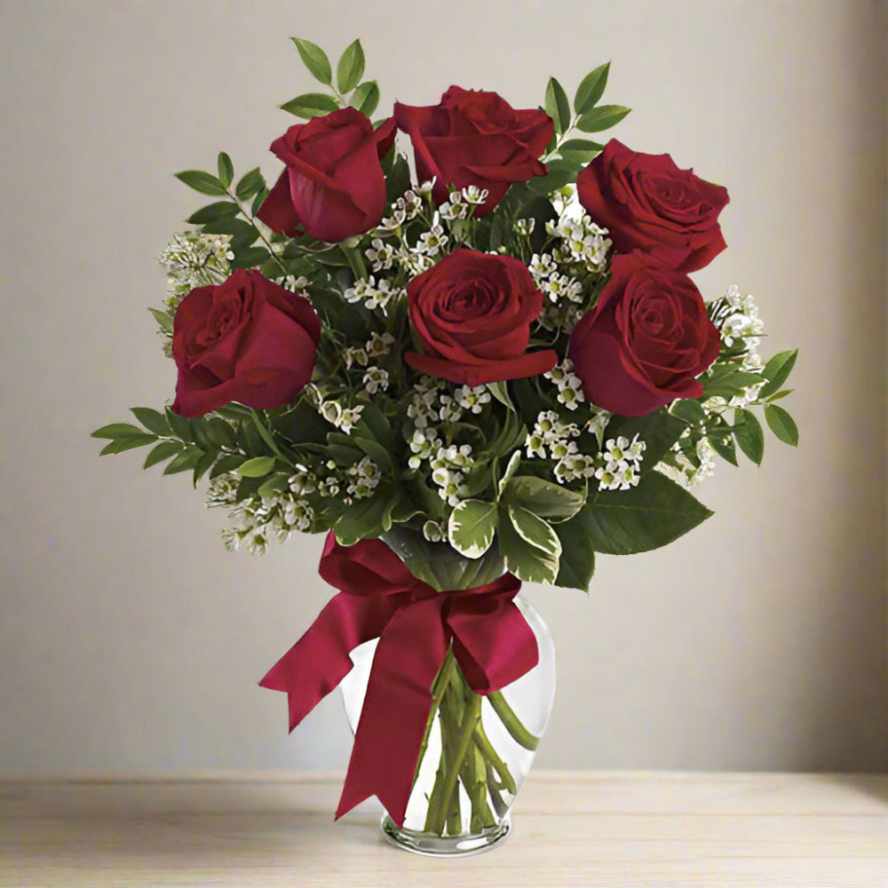 6 Long Stem Premium Roses in Vase ( Red, Yellow, Pink, Hot Pink, Purple, Blue)