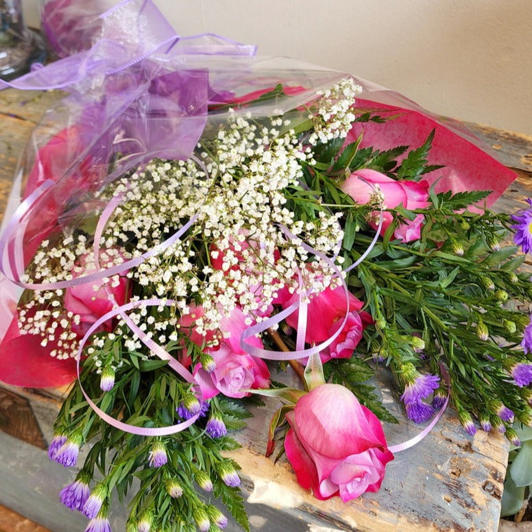 Hand Tied Bouquet To Go - 3 (Purple Roses with Baby's Breath and Blue Aster)