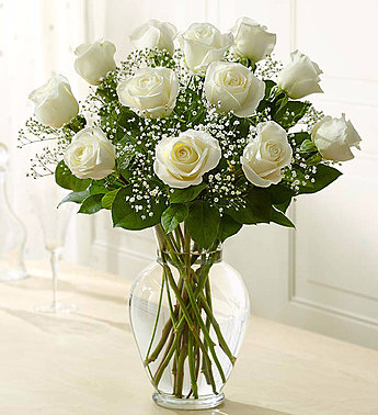 Valentine One Dozen Roses In Vase With Baby's Breath