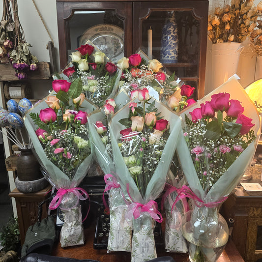 Hand Tied Bouquet To Go - 1 (Premium Roses with Baby's Breath and Greens)