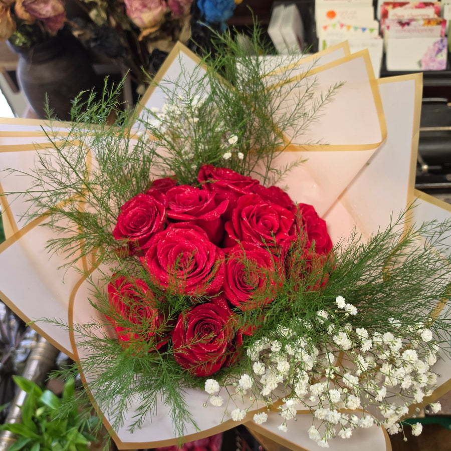 One Dozen Premium Red Roses Hand-Tied Bouquet