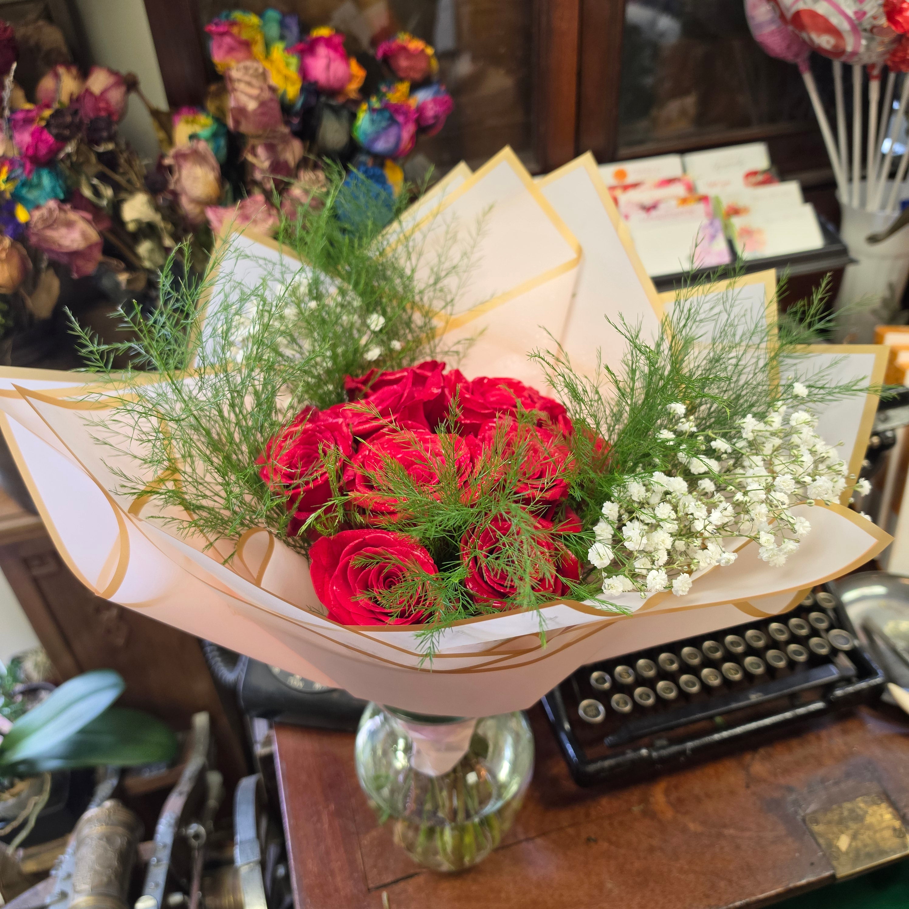 One Dozen Premium Red Roses Hand-Tied Bouquet – Mystic Flowers