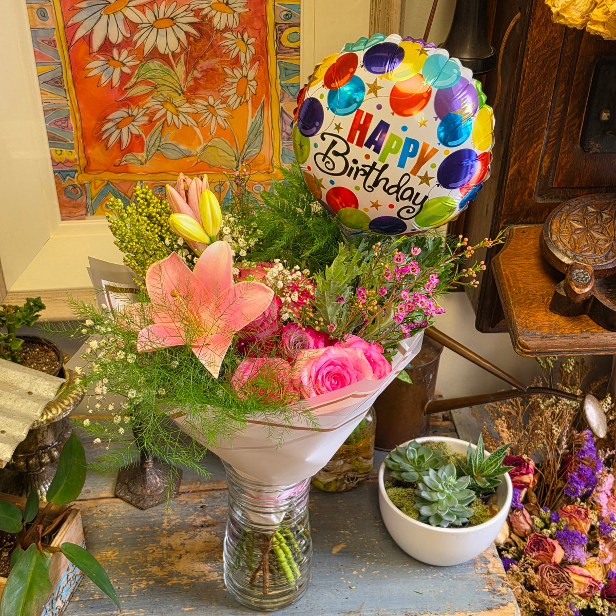 Birthday Celebration Bouquet (Hand-Tied with Vase)