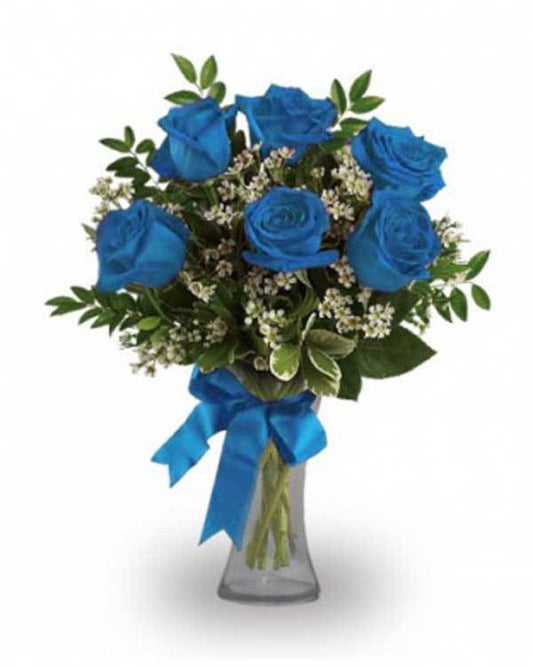 6 Blue Roses in Vase with Baby's Breath