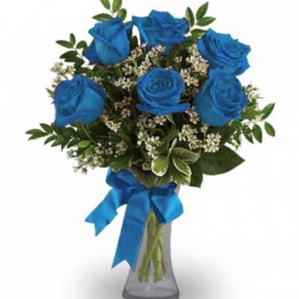 6 Blue Roses in Vase with Baby's Breath