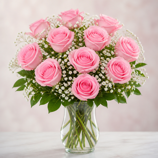 One Dozen Premium Pink Roses in Vase with Baby's Breath