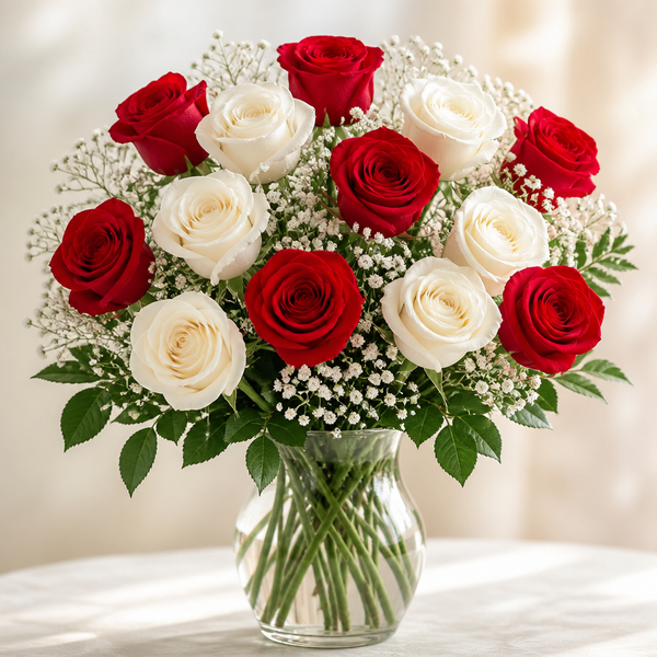 One Dozen Premium Red & White Roses in Vase with Baby's Breath