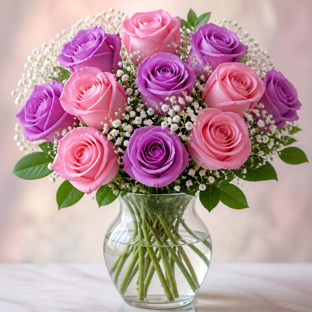 One Dozen Premium Pink & Purple Roses in Vase with Baby's Breath