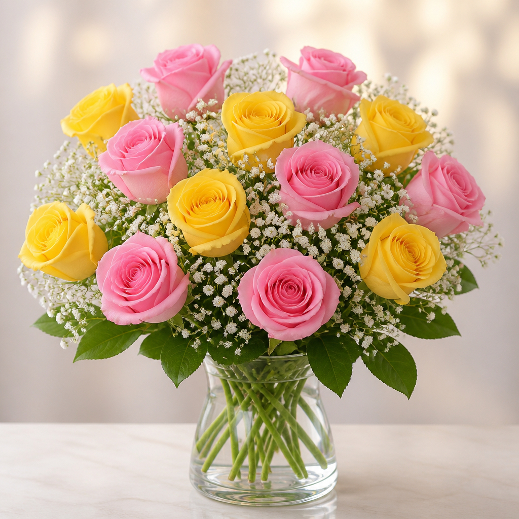One Dozen Premium Pink & Yellow Roses in Vase with Baby's Breath