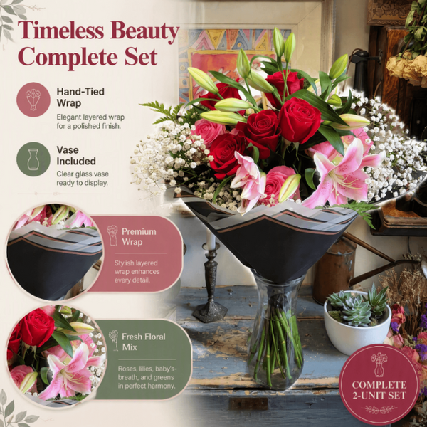 A floral gift set advertisement showing a bouquet arrangement in a clear glass vase with a black and pink wrapped wrap, alongside informational callouts for a hand-tied wrap, included vase, premium wrap, and fresh floral mix. The set is labeled 'Timeless Beauty Complete Set' and includes red roses, pink lilies, green leaves, and white baby's breath.