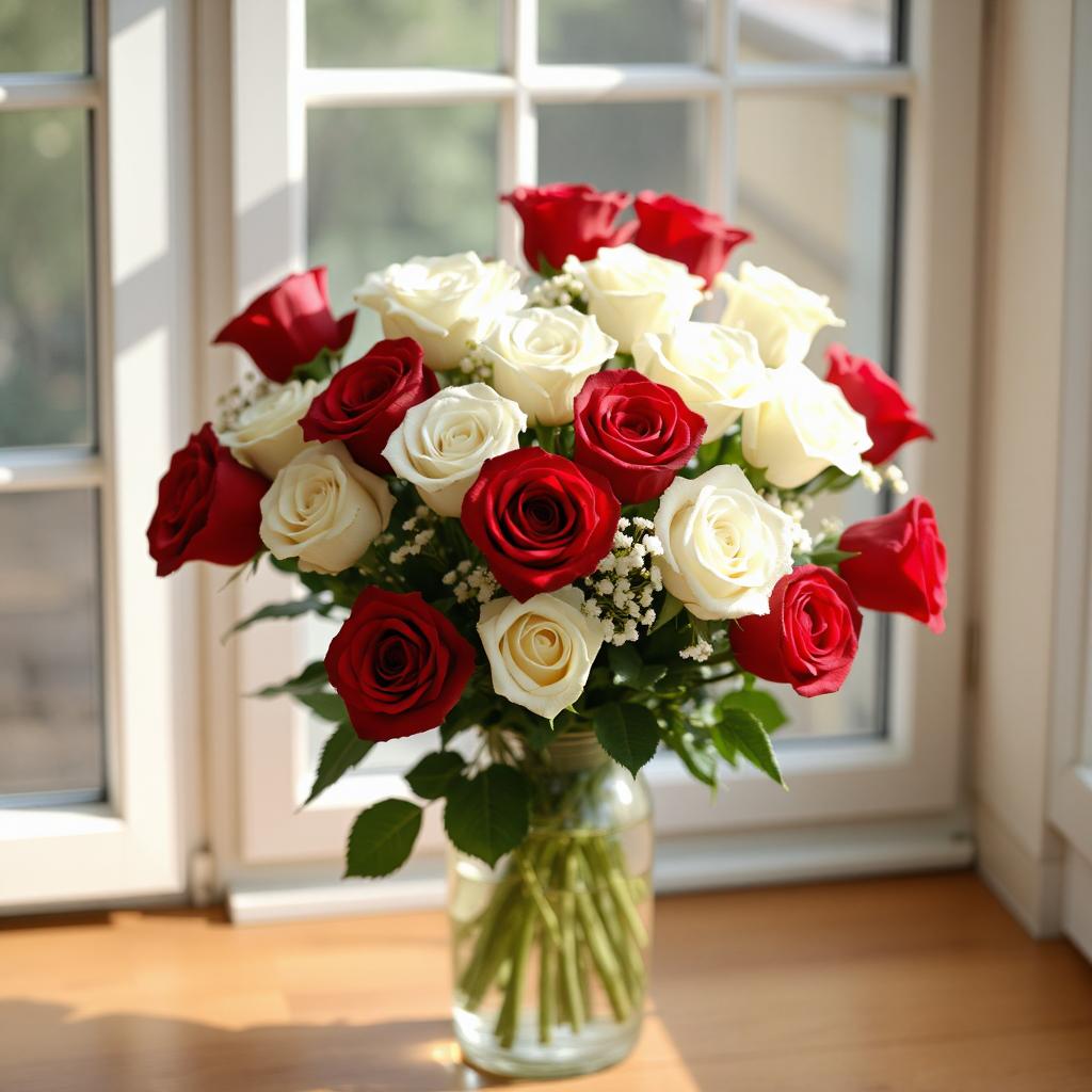 The Perfect Pair Arrangement  (12 Red & 12 White Premium Roses in Vase)