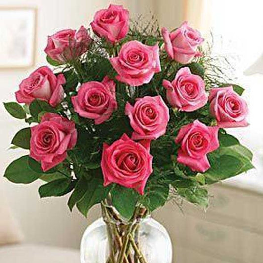 One Dozen Premium Pink Roses in Vase with Baby's Breath