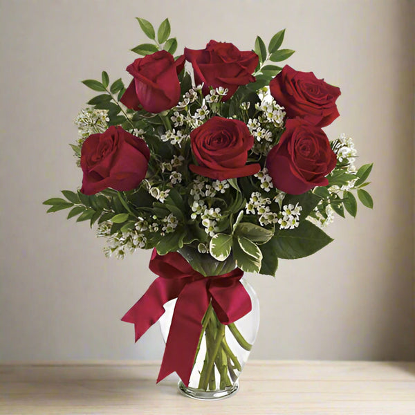 6 Long Stem Premium Roses in Vase ( Red, Yellow, Pink, Hot Pink, Purple, Blue)