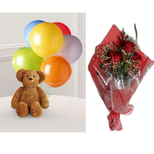 Plush Bear & Balloons With 3 Rose Bouquet