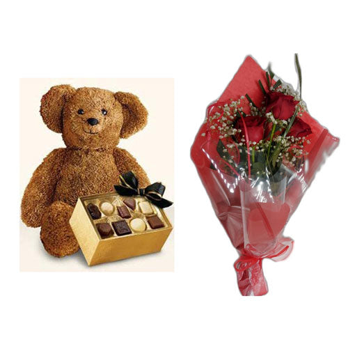 Plush Bear & Belgian Chocolate With 3 Rose Bouquet