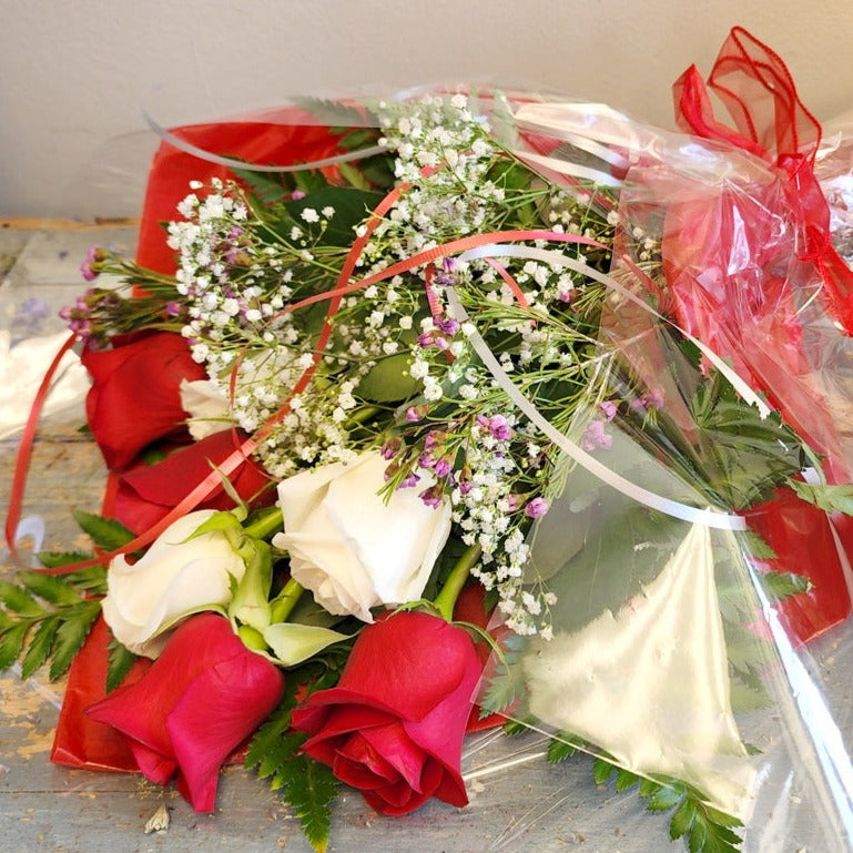 Hand Tied Bouquet To Go - 2 (White/Red Roses with Baby's Breath and Wax Flowers)