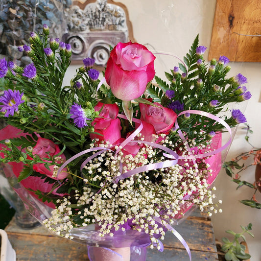 Hand Tied Bouquet To Go - 3 (Purple Roses with Baby's Breath and Blue Aster)