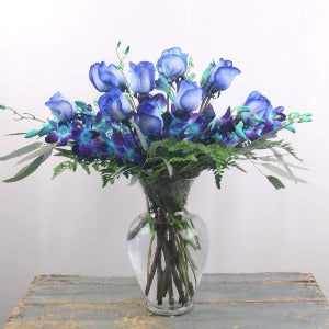 Blue Paradise Bouquet (1 Doz Blue Roses With Blue Orchids )