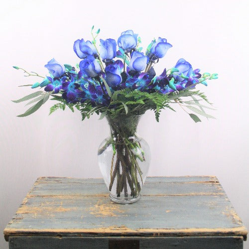 Blue Paradise Bouquet (1 Doz Blue Roses With Blue Orchids )