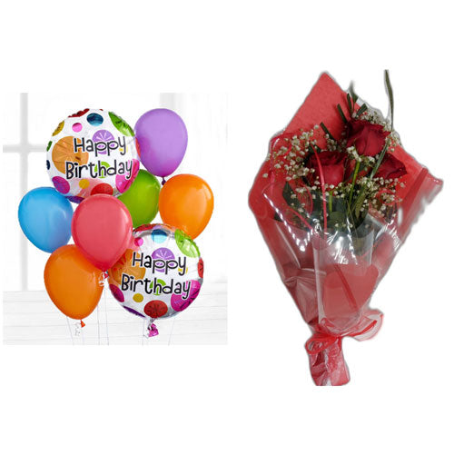 Ballon Bunch & Three Rose Bouquet